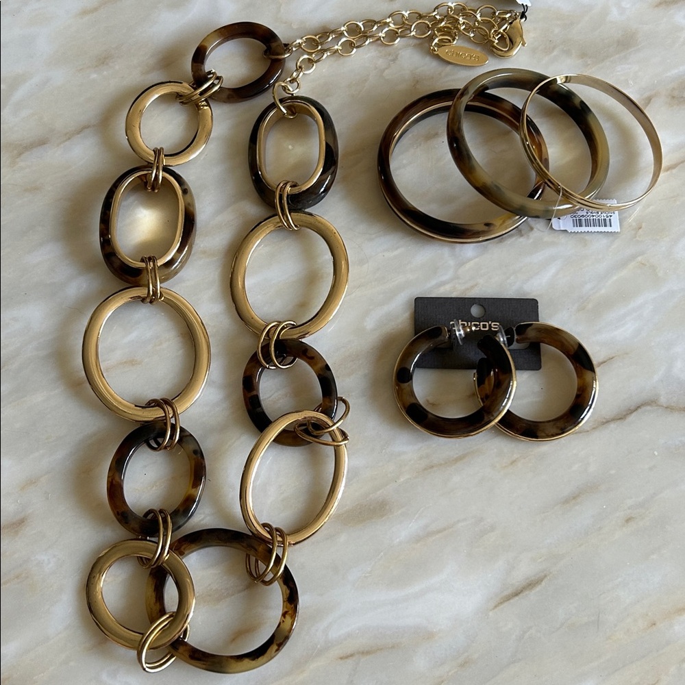 Chicos Women’s Tortoise & Gold Tone Statement Necklace, Bracelets & Earring Set